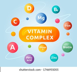 Vitamin complex cartoon vector illustration. Dietary supplement flat color object. Vitamin C, D, B6. Complementary feeding for health. Food additives. Balanced diet isolated on blue background