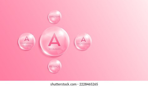 Vitamin A complex. Chemical formula from nature. Minerals pink water drop. Beauty treatment nutrition skincare design. With copy space for text. Medical scientific concepts. Realistic 3D Vector.