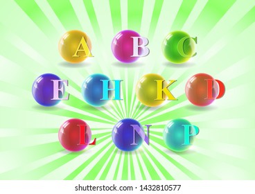 Vitamin complex. Colorful pill capsules. Icon of various vitamins in bright colors of the rainbow. Medical image, creative design. Vector illustration.