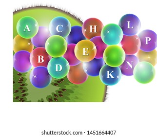 Vitamin complex. Colorful tablets in capsules, kiwi slice. Icon of various vitamins in bright colors of the rainbow. Medical image, creative design. Vector illustration