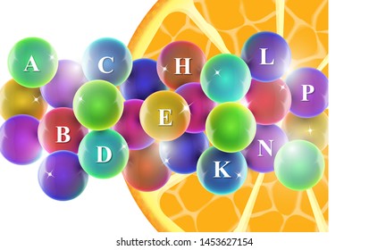Vitamin complex. Colorful tablets in capsules, orange slice. Icon of various vitamins in bright colors of the rainbow. Medical image, creative design. Vector illustration