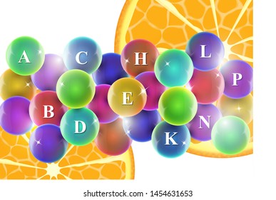 Vitamin complex. Colorful tablets in capsules, orange slice. Icon of various vitamins in bright colors of the rainbow. Medical image, creative design. Vector illustration