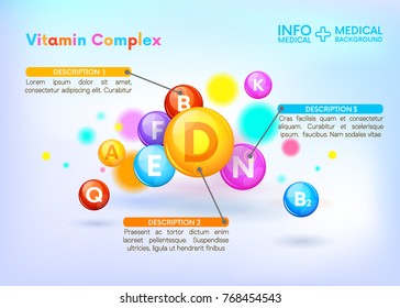 Vitamin Complex Colorful Vector balls. A,B,C,D,F,E,N,Q. Medical background.Medical Infographics.Vector illustration.