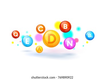 Vitamin Complex Colorful Vector balls. A,B,C,D,F,E,N,Q. Medical background.Medical Infographics.Vector illustration.