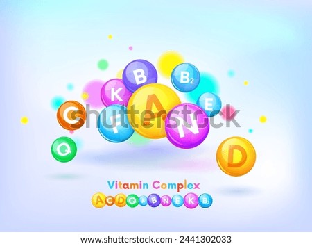 Vitamin Complex Colorful Vector balls. A,B,C,D,F,E,N,Q. Medical background.Medical Infographics.Vector illustration.