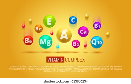 Vitamin Complex Colorful Vector pills capcule. Different vitamins icon in bright rainbow colours. Ca, group B, vitamin A, E, Q10, Mg.  Meds for heath ads. Medical image.Vector illustration.