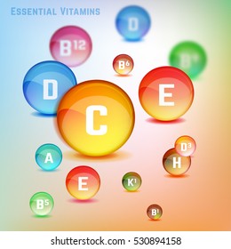 Vitamin complex. Different vitamins in pillls. Vector illustration in bright rainbow colours. Medical and pharmaceutical image.