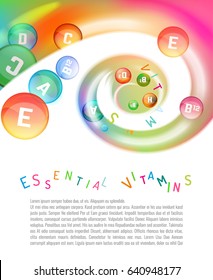 Vitamin complex. Different vitamins in pills flying in a swirl. Vector illustration in bright rainbow colours. Beautiful template with copyspace for leaflet, brochure, poster or advertorial design.