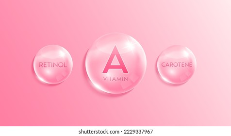 Vitamin A complex drop. Retinol and Carotene. Chemical formula from nature. Minerals water pink. Beauty treatment nutrition skincare design. Medical scientific concepts. Realistic 3D Vector.