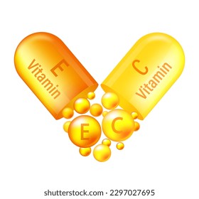 Complejo de vitamina A y E. Cápsula amarilla con vitamina A y E sobre fondo blanco. Ilustración vectorial.