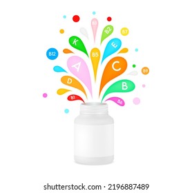 Vitamin complex float away from white plastic bottle. Package mockup. Multivitamins and minerals colorful ad design. Medical and scientific concepts. Help strengthen the body Immunity. 3D Vector.