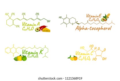 Vitamin Complex with Food K, A, E, C Label and Icon. Chemical Formula and Structure Logo. Vector Illustration.