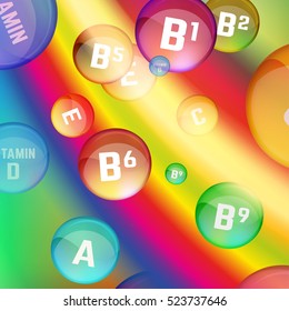 Vitamin complex image on a bright background. Vector illustration in rainbow colours with glossy pills. Medical and pharmaceutical concept. Packaging and promotional idea.