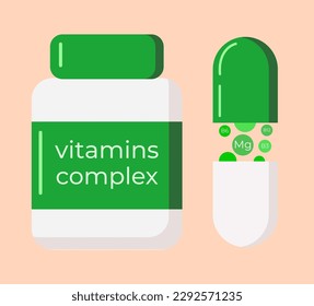 Vitamin complex. Magnesium, tablets, capsules, drugs, bottled tablets. Flat design of calcium capsules for pharmacies, hospitals, posters, brochures.