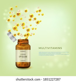 Vitamin-Komplex. Multivitaminplakat, Flyer Design-Vorlage mit Kopienraum.   Vitaminbälle in die Flaschenverpackung. Explosion von Vitaminen. 
