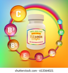 Vitamin complex package with different glossy pills on a rainbow swirl around the can. Beautiful vector illustration in bright colours on colourful background. Pharmaceutical and apothecary image