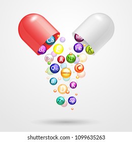 Vitamin complex pharmaceutical capsule with vitamins and minerals. Vector realistic illustration. Medical vitamins and minerals ad design element.
