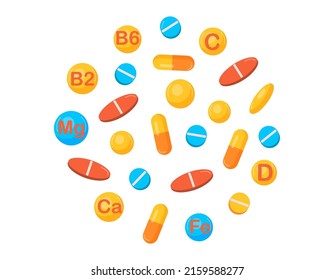 Vitamin complex  pill capsule, tabletes, vitamins bubbles with names for dietary supplement and healthy lifestyle advertising design template. Vector A, B, C,D,E vitamins. Vector illustration