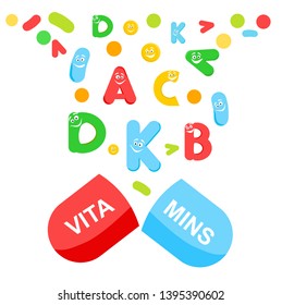 Vitamin complex of pill capsule and vitamins bubbles with names for dietary supplement and healthy lifestyle advertising design template. 