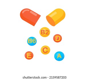 Vitamin complex of pill capsule and vitamins bubbles with names for dietary supplement and healthy lifestyle advertising design template. Vector A, B, C,D,E vitamins. Vector illustration