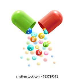 Vitamin complex of pill capsule and vitamins bubbles with names for dietary supplement and healthy lifestyle advertising design template. Vector A, B and ascorbic acid C and PP or vitamin D pills