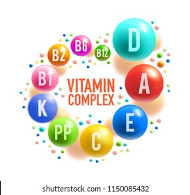 Vitamin complex poster with colorful pill of healthy food supplement. Multivitamin ball with A, B group and D, C, E and K vitamin for diet nutrition, pharmacy and health care banner design