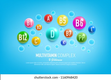 Vitamin complex poster for healthy food and nutrition. Vector 12 multivitamins capsules and minerals pills of dietary supplement for pharmacy advertisement or vitamins package design svg