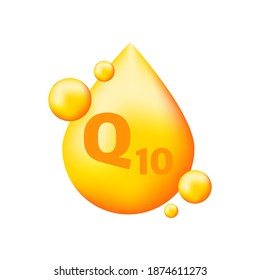 Vitamin complex Q10 with realistic drop on gray background. Particles of vitamins in the middle. Vector illustration.