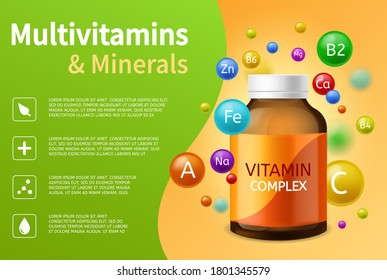 Vitamin complex. Realistic plastic bottle with multivitamins, minerals and colorful flying bubbles, vitamins balls advertising poster vector healthcare pharmacy background with copy space