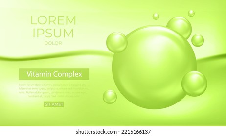 Vitamin complex vector banner. Green background with 3d bubbles. Advertisement template for health and skin care. Beauty collagen essence