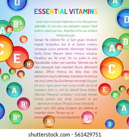 Vitamin complex. Vertical layout with different vitamins. Medical and pharmaceutical image. Vector template with copyspace for leaflet, brochure, poster or advertorial design.