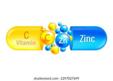 Vitamin complex Zink and vitamin C. Yelllow capsule and blue with vitamin C and mineral of zink on white background. Vector illustration