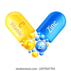 Vitamin complex Zink and vitamin C. Yelllow capsule and blue with vitamin C and mineral of zink on white background. Vector illustration