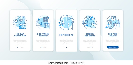 Vitamin consumption tips onboarding mobile app page screen with concepts. Consult nutritionist, side-effects walkthrough 5 steps graphic instructions. UI vector template with RGB color illustrations