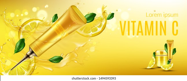 Vitamin С cosmetics tube with long nozzle and cream jar with lemon slices and green leaves. Fruit acid organic cosmetic, natural ecoproduct line packages background. Realistic 3d vector illustration