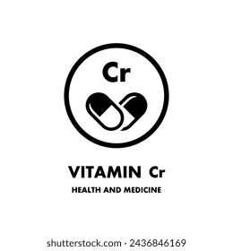 Vitamin Cr, vector icon. Vector icon for health. Icon vitamin pill. Mineral Vitamin complex with Chemical formula.