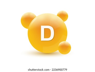 Vitamin D 3d icon. Circle drop, capsule or pill isolated on white background. Molecule bubbles design. 