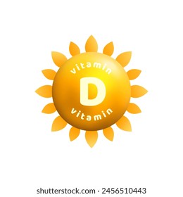 Vitamin D 3d icon with sun rays. Yellow oil bubble, drop for healthy life, good mood, energy. Vector illustration. Place for text