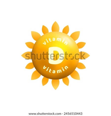 Vitamin D 3d icon with sun rays. Yellow oil bubble, drop for healthy life, good mood, energy. Vector illustration. Place for text
