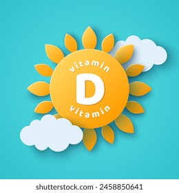 Vitamin D 3d sun icon. Summer day background, white clouds. Yellow bubble, drop for healthy life, good mood, energy. Vector illustration. Place for text