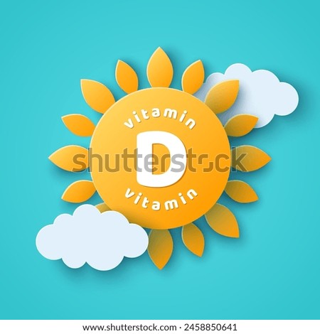 Vitamin D 3d sun icon. Summer day background, white clouds. Yellow bubble, drop for healthy life, good mood, energy. Vector illustration. Place for text