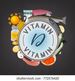 Vitamin D banner. Beautiful vector illustration with caption lettering and top foods highest in vitamin D isolated on a dark grey background. Useful for leaflet, brochure or poster design