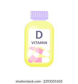 Vitamin D bottle. Nutrient deficient.  Flat vector illustration. Medicine dietary, health care concept for banner, website design.