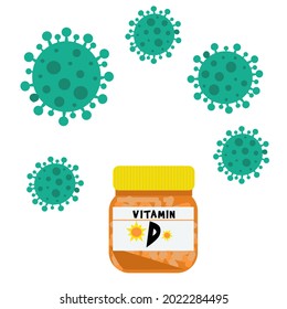 Vitamin D Bottle Surrounded By Virus Suitable For  Covid 19 Or Medical Illustration