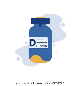 Vitamin D bottle. Using food supplements for deficiency reduction, Wellbeing and health. Vector illustration in white background