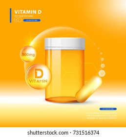 vitamin d bottle, yellow capsule. yellow bubble, realistic vector illustration design.