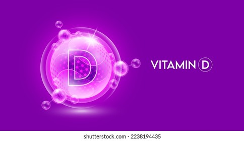 Vitamin D and bubble atom molecule collagen serum chemical formula shield protection skin. Skincare anti age nutrition supplement multivitamin complex. On purple background. 3D vector.