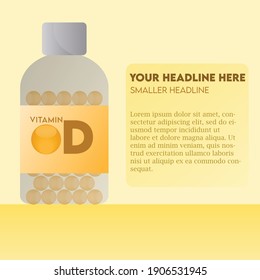 Botella de vitamina D Capsule ilustración moderna plana, concepto de atención de la salud, Para anuncios médicos, farmacia, folleto de farmacia, farmacia, folleto o folleto.