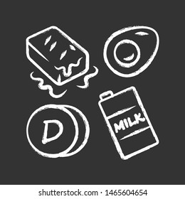 Vitamin D chalk icon. Butter, egg and milk. Healthy eating. Cholecalciferol natural food source. Dairy products. Proper nutrition. Minerals, antioxidants. Isolated vector chalkboard illustration