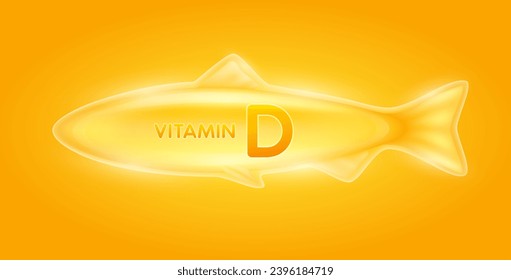 Vitamin D-Leberöl für Kabeljau. Ausgenommen aus Naturfisch, Lachs und Schwertfisch. Vitamine, die für die Gesundheit des Körpers unerlässlich sind. Zur Nahrungsergänzung. Auf orangefarbenem Hintergrund. Vektorgrafik.